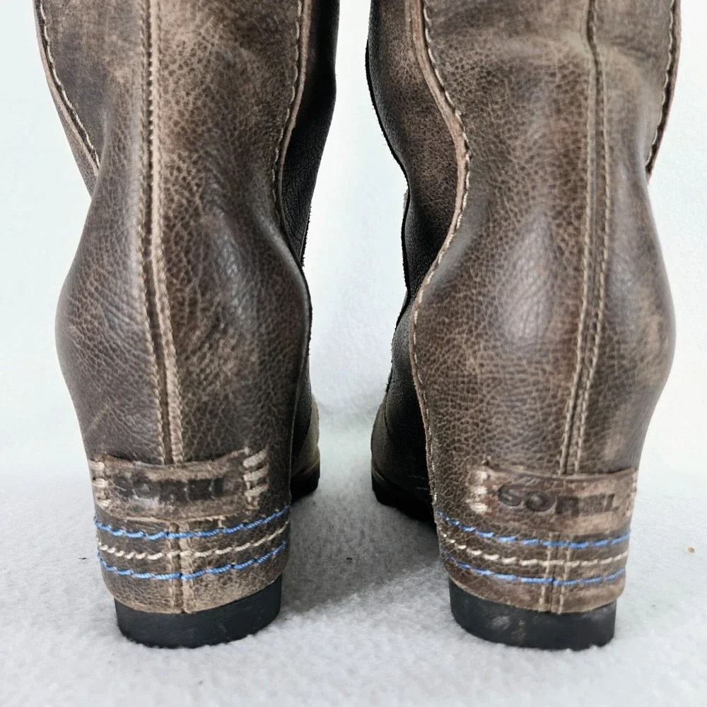 Sorel Boots Womens 9.5 Brown Gray Cate The Great Leather Hidden Wedge Waterproof